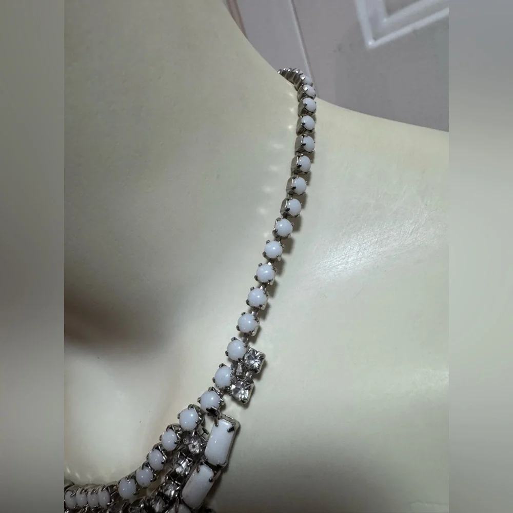 Vintage Milk Glass Rhinestone Bib Necklace Mid Century - Bridal, Formal, Prom